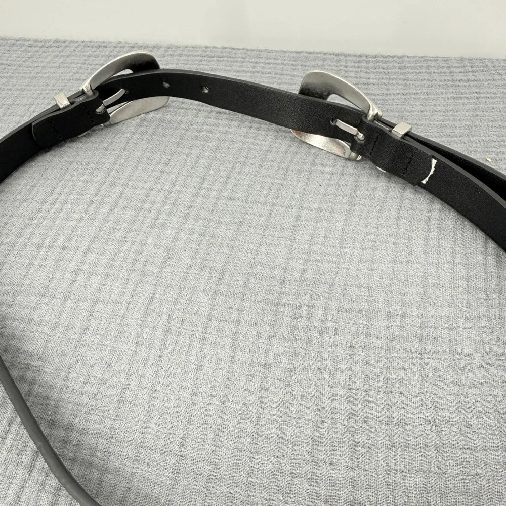Black Bonded Leather Double Buckle Western Belt Silver Engraved Size S 35in